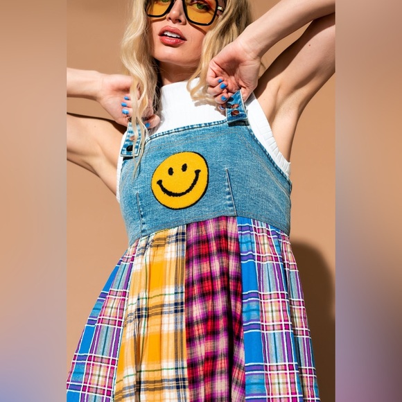 Dressed in Lala Walking On Sunshine Overall Dress NWT Size XL Plaid Panel Denim - Picture 8 of 15